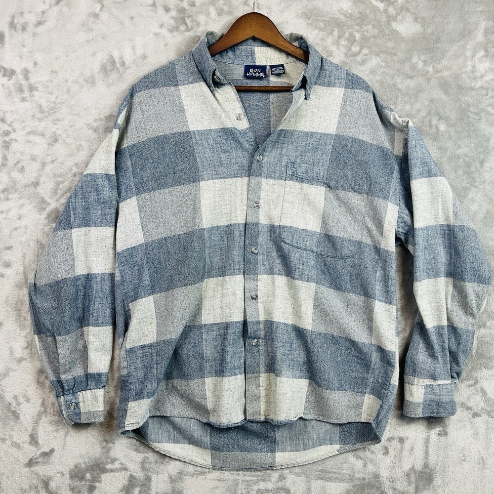 Bon Homme Large Plaid Cotton‎ Blend Button Down Shirt Size Medium Long Sleeve